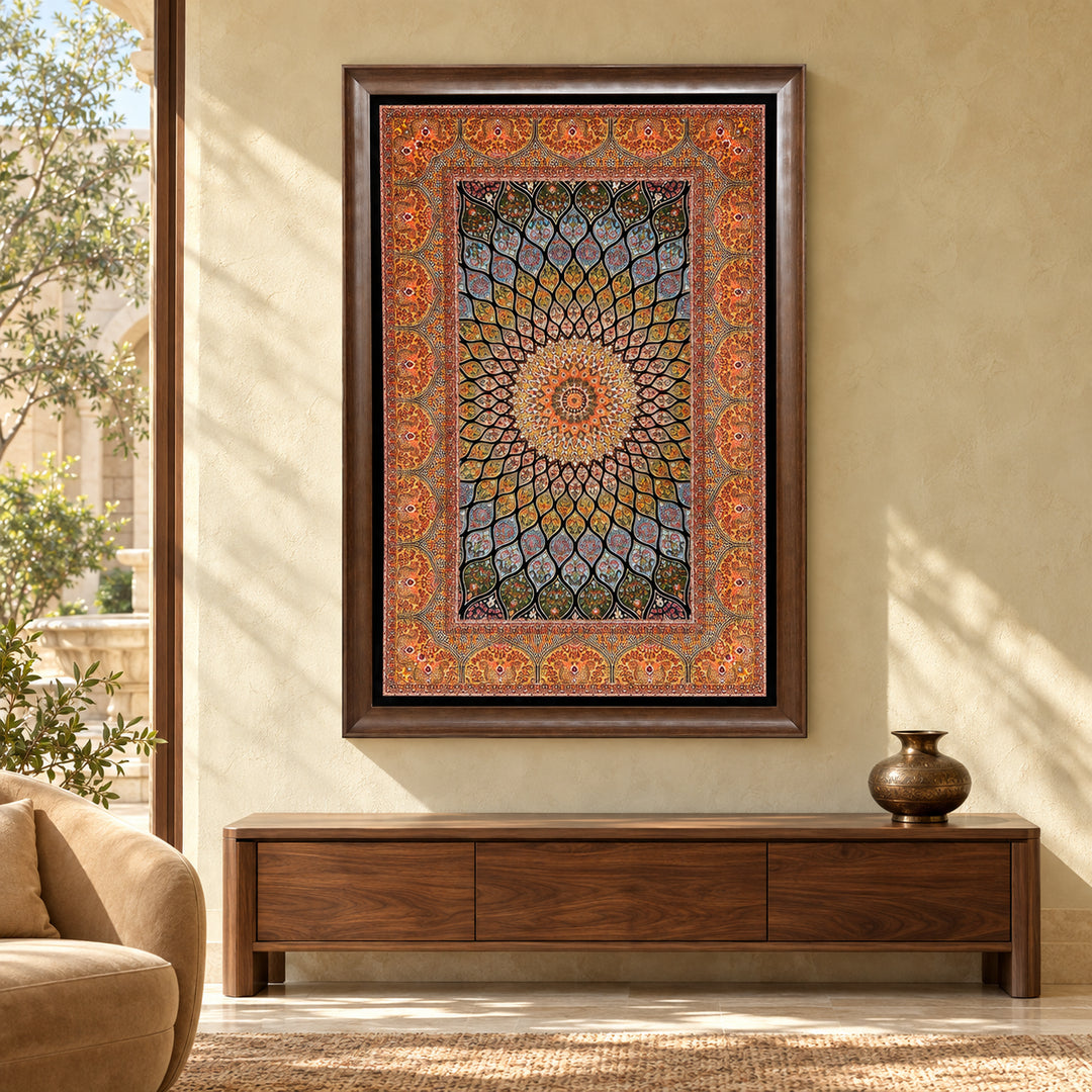 AI-styled lifestyle view of Islamic Persian Silk textile, 120 x 80 cm catalog size, displayed on a luxury villa wall with its original frame preserved; original product photograph retained.