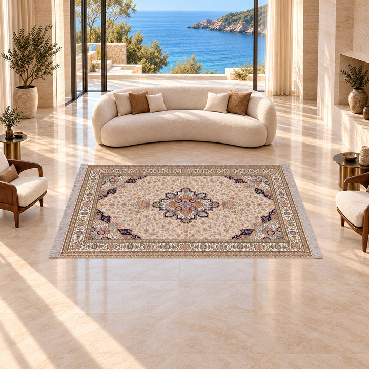 AI-styled lifestyle view of Pure Heritage Persian Silk rug in Beige, 350 x 250 cm, naturally scaled and aligned with seating in a luxurious beachfront villa; original product photograph retained.