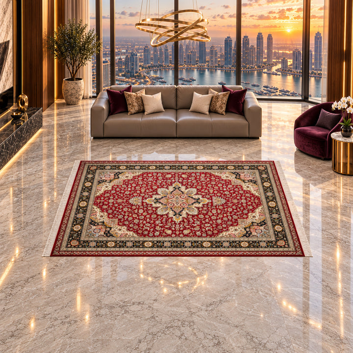 AI-styled lifestyle view of Pure Heritage Persian Silk rug in Crimson, 350 x 250 cm, naturally scaled and aligned with seating in a luxurious marina penthouse; original product photograph retained.