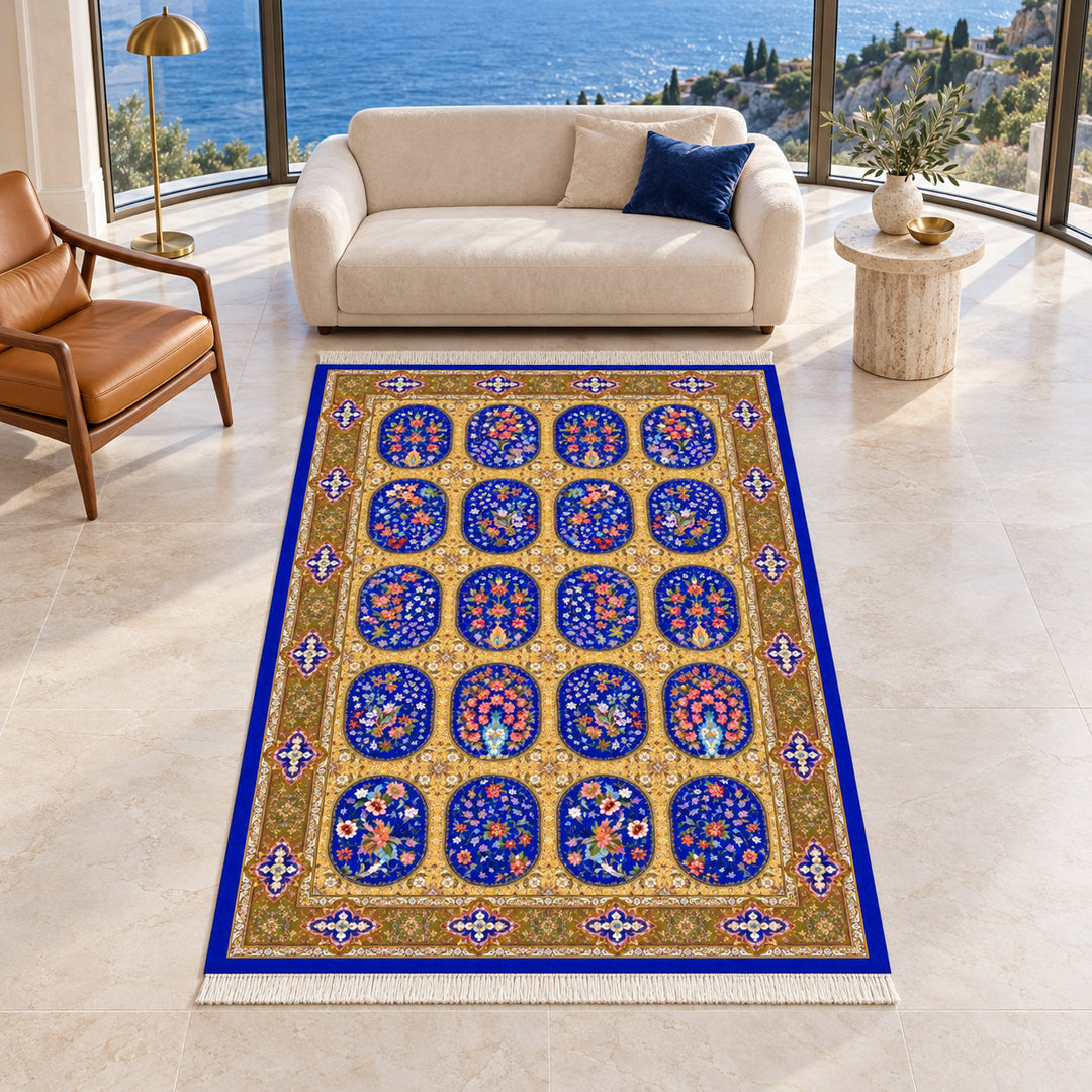 AI-styled lifestyle view of Royal Texture Persian Silk rug in Cobalt Blue, 225 x 150 cm, shown in a luxurious seafront penthouse reading salon; original product photograph retained.