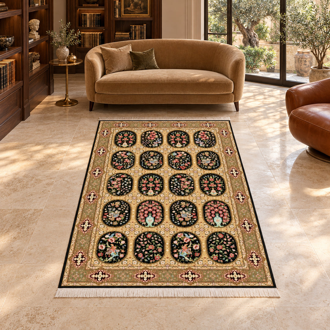 AI-styled lifestyle view of Royal Texture Persian Silk rug in Navy Blue, 225 x 150 cm, shown in a luxurious garden-villa library; original product photograph retained.