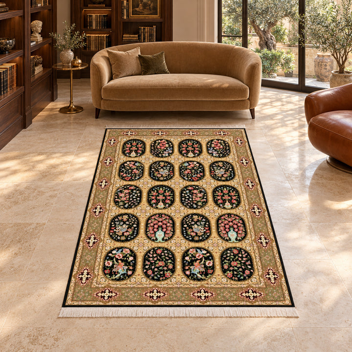 AI-styled lifestyle view of Royal Texture Persian Silk rug in Navy Blue, 225 x 150 cm, shown in a luxurious garden-villa library; original product photograph retained.