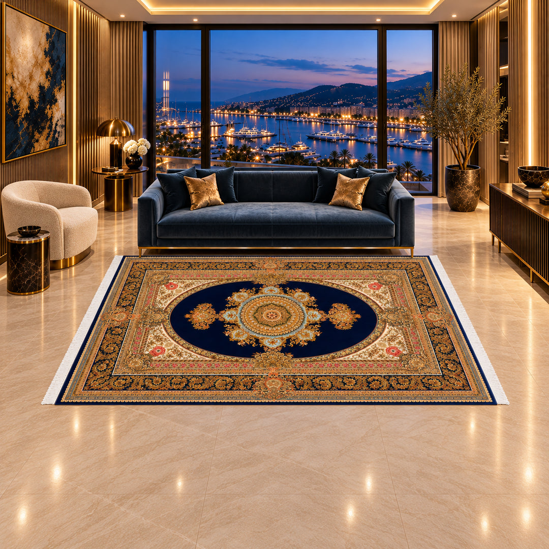 AI-styled luxury penthouse lifestyle view of Silk Grace Persian Silk rug, source-matched 300 x 200 cm variant, SKU 17RD134-0128. Rug placed 300 cm along the sofa with 200 cm depth; scale-corrected composition.