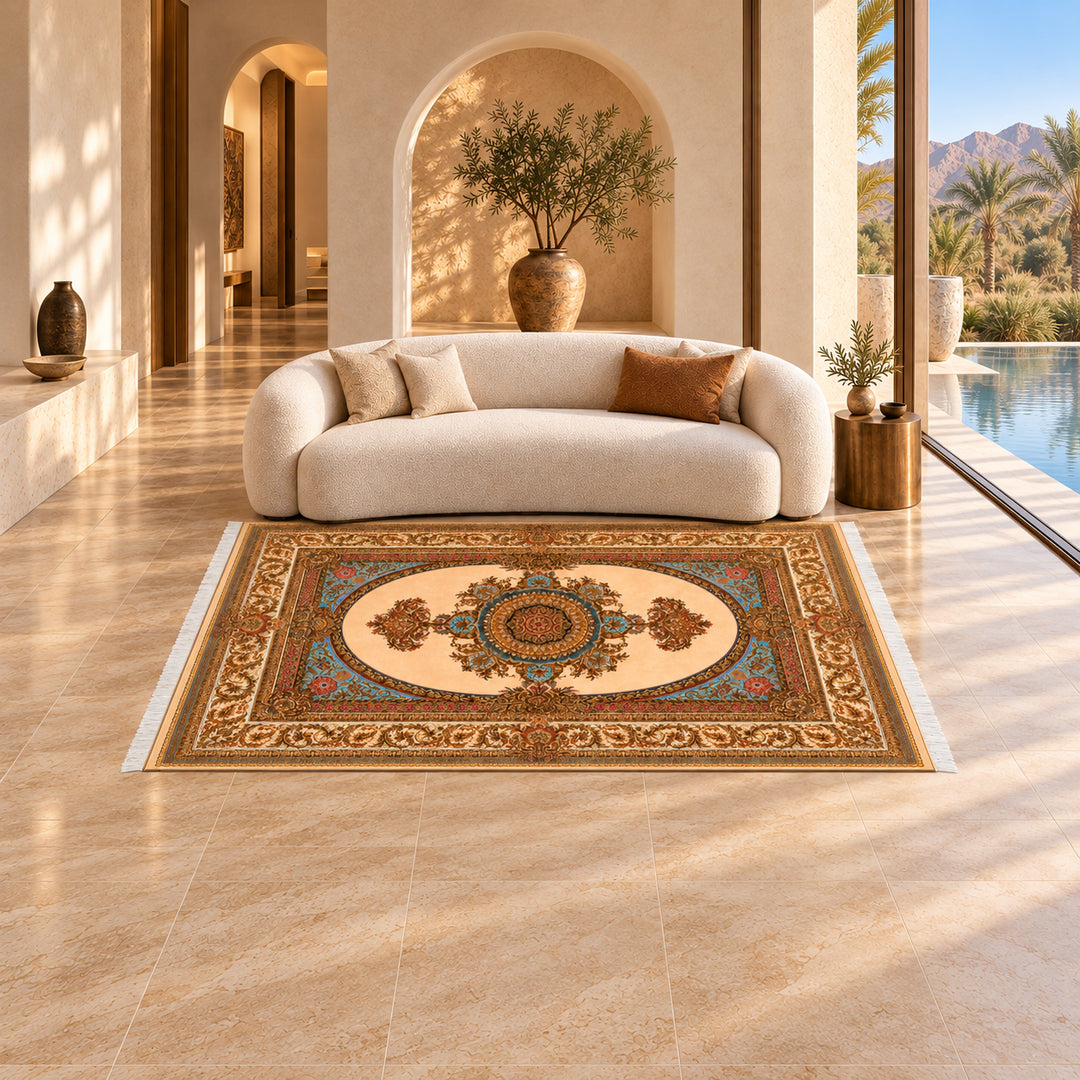 AI-styled luxury villa lifestyle view of Silk Grace Persian Silk rug, source-matched 300 x 200 cm variant, SKU 17RD134-0129. Rug placed 300 cm along the sofa with 200 cm depth; scale-corrected composition.