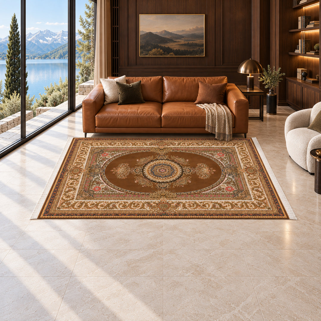 AI-styled luxury villa lifestyle view of Silk Grace Persian Silk rug, source-matched 300 x 200 cm variant, SKU 17RD134-0130. Rug placed 300 cm along the sofa with 200 cm depth; scale-corrected composition.