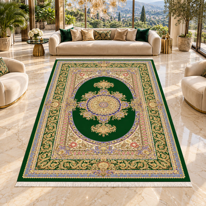AI-styled luxury villa lifestyle view of Silk Grace Persian Silk rug, 400 x 300 cm variant, SKU 17RD134-0131.