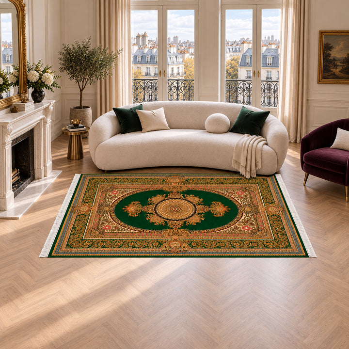 AI-styled luxury Parisian penthouse lifestyle view of Silk Grace Dark Green Persian Silk rug, source-matched 300 x 200 cm variant, SKU 17RD134-0132. Rug placed 300 cm along the sofa with 200 cm depth; scale-corrected composition.