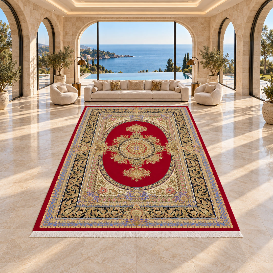 AI-styled luxury waterfront villa lifestyle view of Silk Grace Crimson Persian Silk rug, 600 x 400 cm variant, SKU 17RD134-0133.