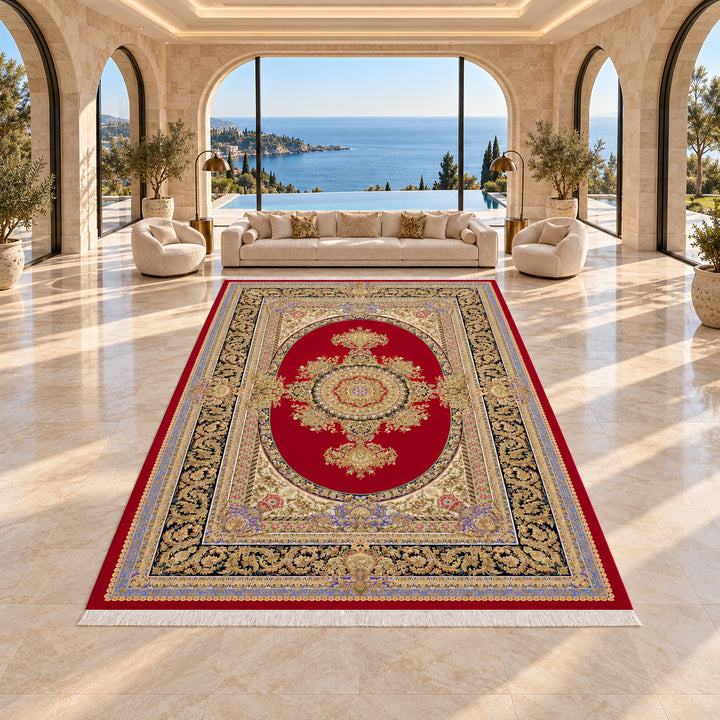 AI-styled luxury waterfront villa lifestyle view of Silk Grace Crimson Persian Silk rug, 600 x 400 cm variant, SKU 17RD134-0133.