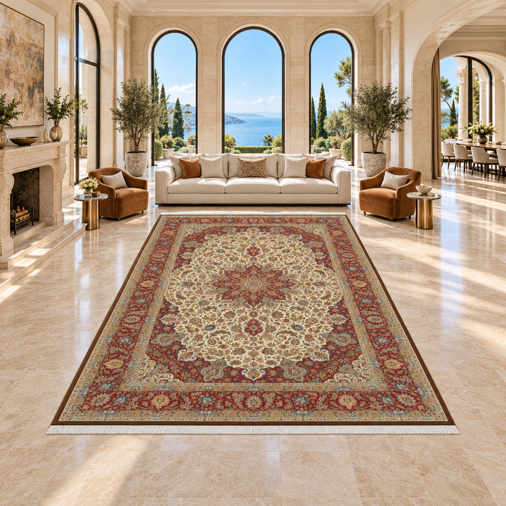 AI-styled luxury villa lifestyle view of Stone Garden Persian Silk rug, 400 x 300 cm variant, SKU 17RD147-0127.