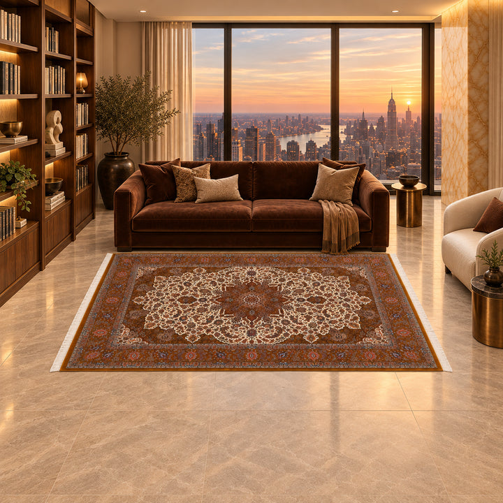 AI-styled luxury penthouse lifestyle view of Stone Garden Persian Silk rug, source-matched 300 x 200 cm variant, SKU 17RD147-0126. Rug placed 300 cm along the sofa with 200 cm depth; scale-corrected composition.