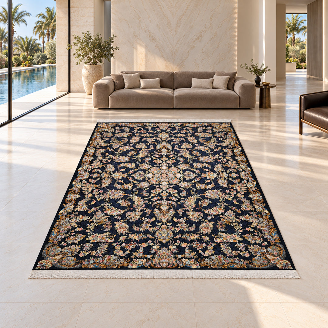 AI-styled lifestyle view of Velvet Frame Persian Silk rug in Navy Blue, 350 x 250 cm, shown in a luxurious poolside villa; original product photograph retained.