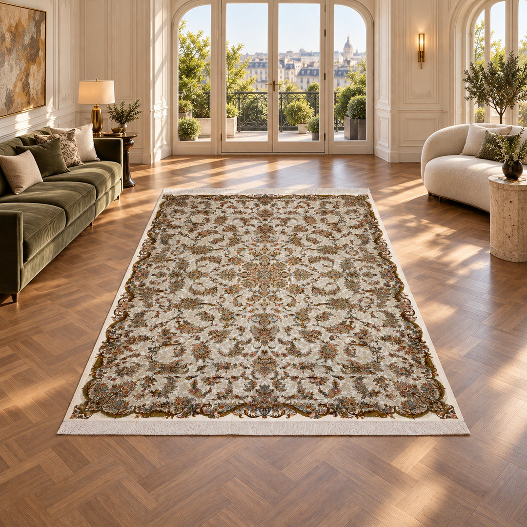 AI-styled lifestyle view of Velvet Frame Persian Silk rug in Cream, 350 x 250 cm, shown in a luxurious penthouse salon; original product photograph retained.