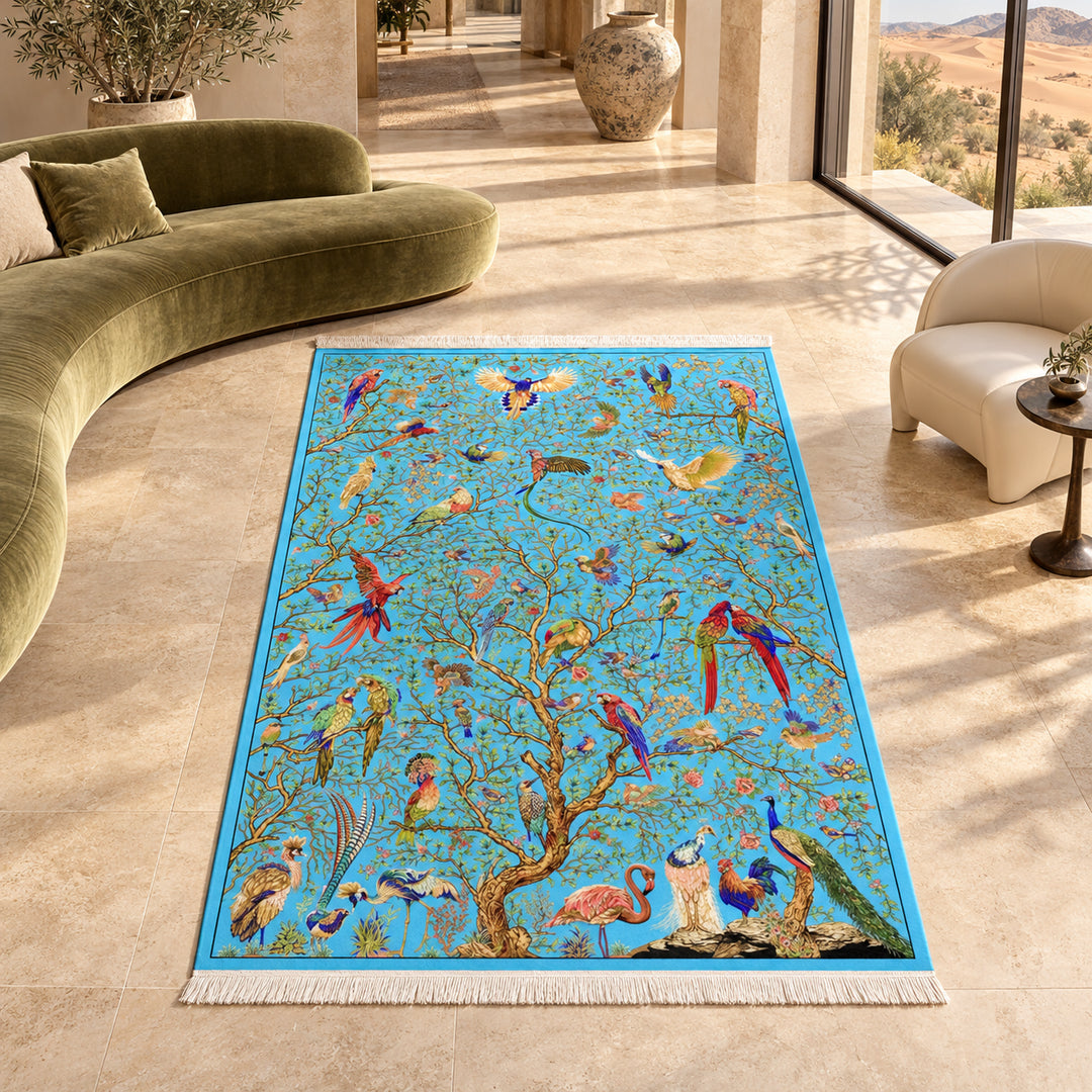 Silk Rug - Caspian Legacy, 225 x 150 cm: AI-styled lifestyle view in a luxury residence; refer to the original product photo for exact pattern detail and color.