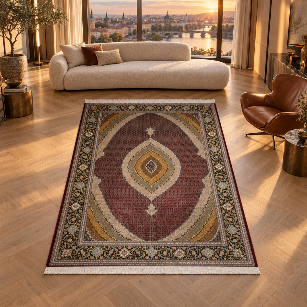 Silk Rug - Crimson Scale, 350 x 250 cm: AI-styled lifestyle view in a luxury residence; refer to the original product photo for exact pattern detail and color.