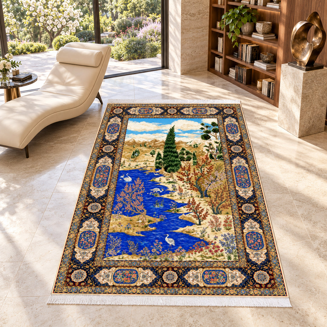 Silk Rug - Four Gardens, 225 x 150 cm: AI-styled lifestyle view in a luxury residence; refer to the original product photo for exact pattern detail and color.
