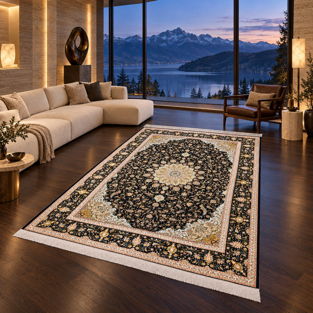 Silk Rug - Royal Thread, 350 x 250 cm: AI-styled lifestyle view in a luxury residence; refer to the original product photo for exact pattern detail and color.