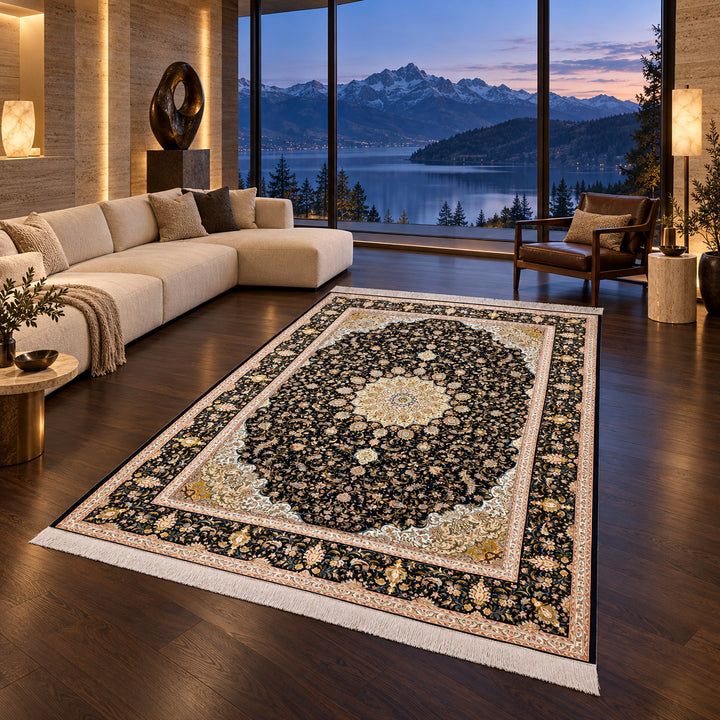 Silk Rug - Royal Thread, 350 x 250 cm: AI-styled lifestyle view in a luxury residence; refer to the original product photo for exact pattern detail and color.