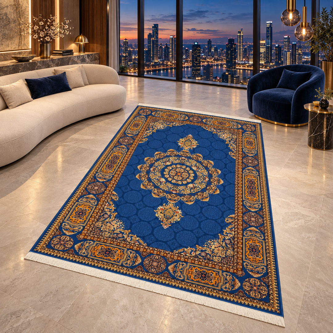 Silk Rug - Silent Axis, 300 x 200 cm: AI-styled lifestyle view in a luxury residence; refer to the original product photo for exact pattern detail and color.