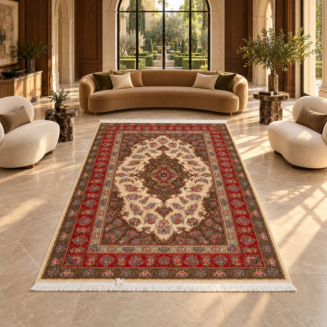 Silk Rug - Spring Garden, 300 x 200 cm: AI-styled lifestyle view in a luxury residence; refer to the original product photo for exact pattern detail and color.