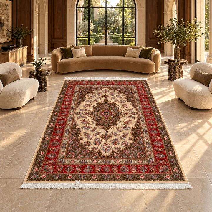Silk Rug - Spring Garden, 300 x 200 cm: AI-styled lifestyle view in a luxury residence; refer to the original product photo for exact pattern detail and color.