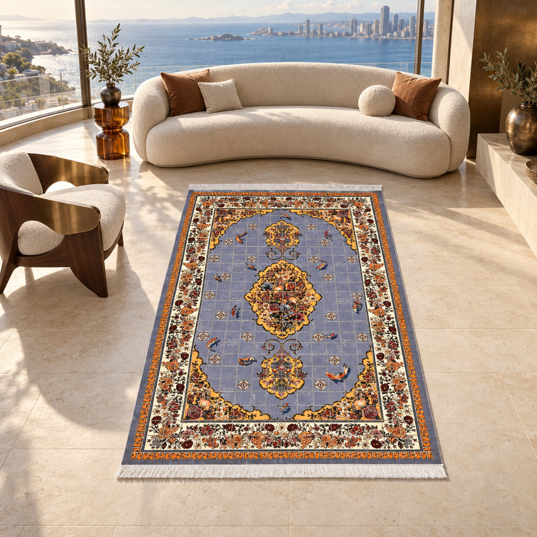 Silk Rug - Turquoise Mosaic, 225 x 150 cm: AI-styled lifestyle view in a luxury residence; refer to the original product photo for exact pattern detail and color.