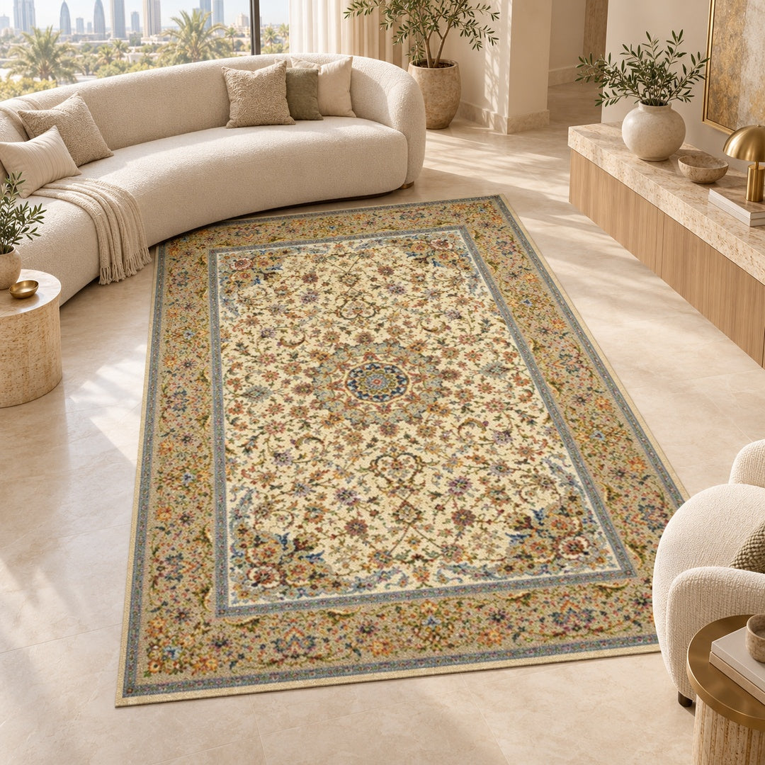 AI-styled interior illustration of Basil Bloom rug. Refer to the original product photograph for exact design and colour.