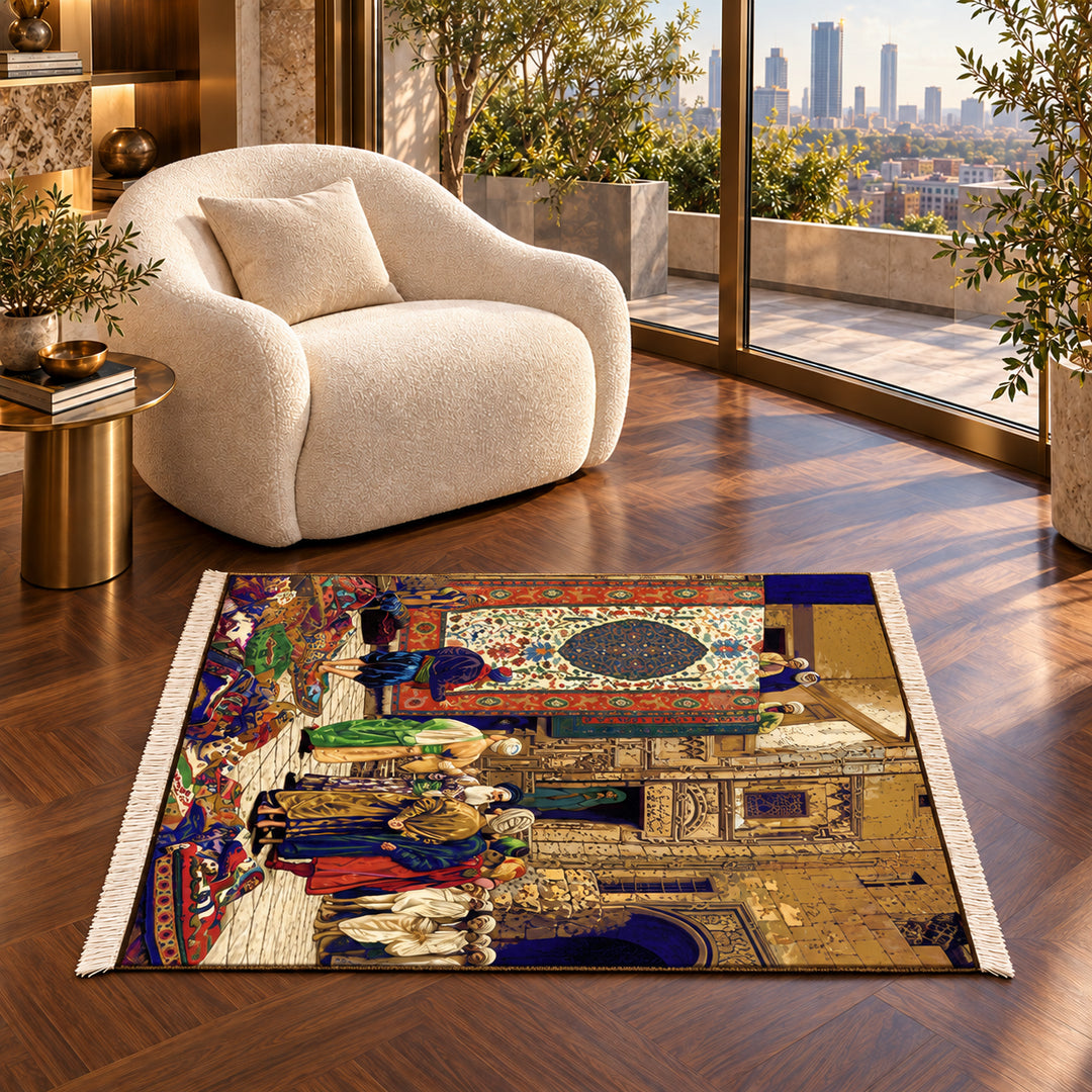 AI-styled lifestyle visualization of Bazar Ghahre Persian Silk rug, 150 x 100 cm, in a luxury penthouse reading corner with a single lounge chair; refer to original product photograph for exact detail.