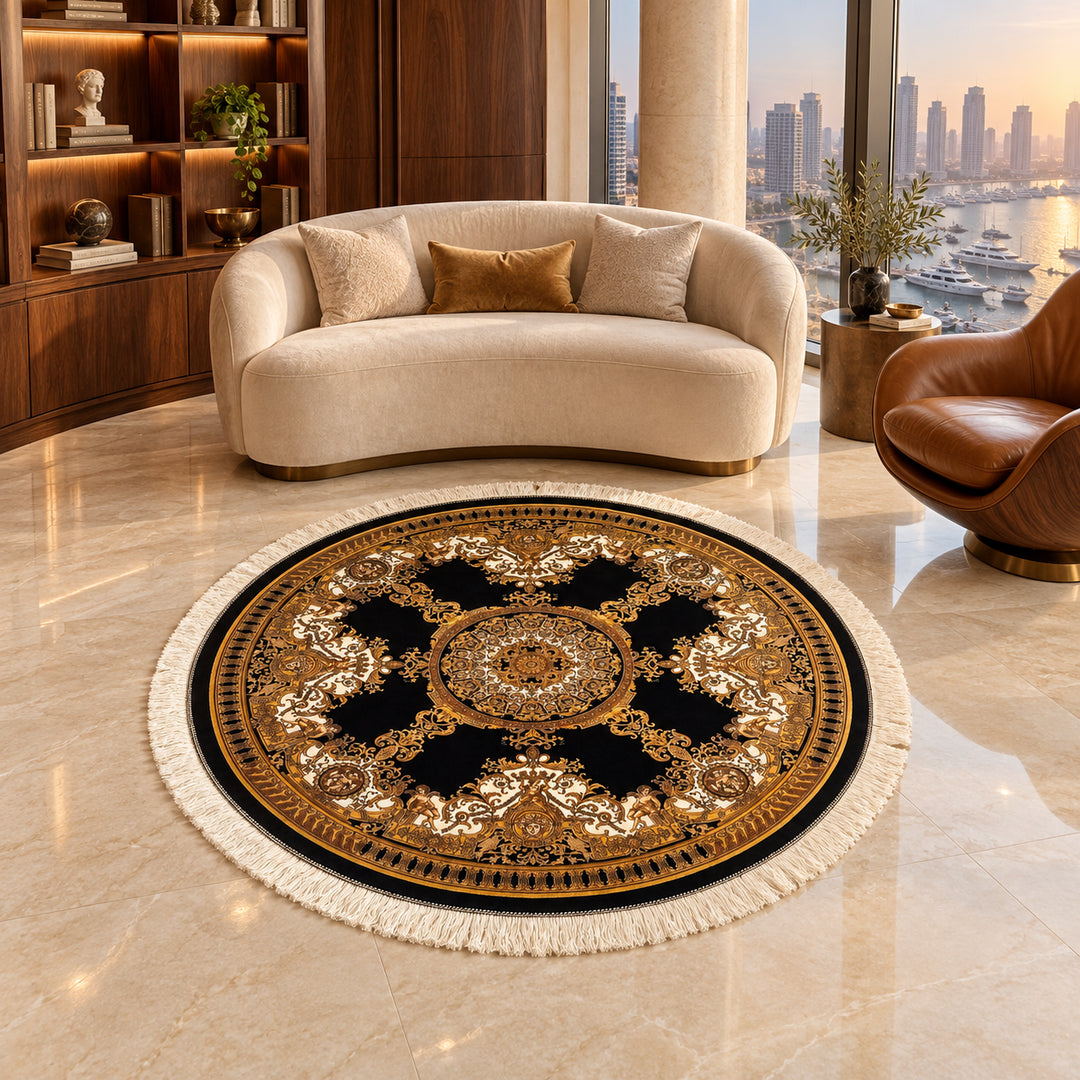 Silk Rug - Celestial Icon: AI-styled lifestyle view in a luxury residence; refer to the original product photo for exact pattern detail and color.