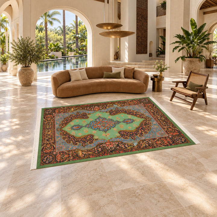 Silk Rug - Dawn Bird: AI-styled lifestyle view in a luxury residence; refer to the original product photo for exact pattern detail and color.