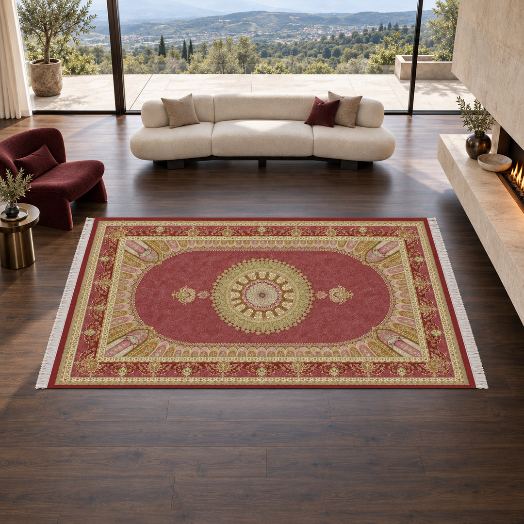 Silk Rug - Eternal Path: AI-styled lifestyle view in a luxury residence; refer to the original product photo for exact pattern detail and color.