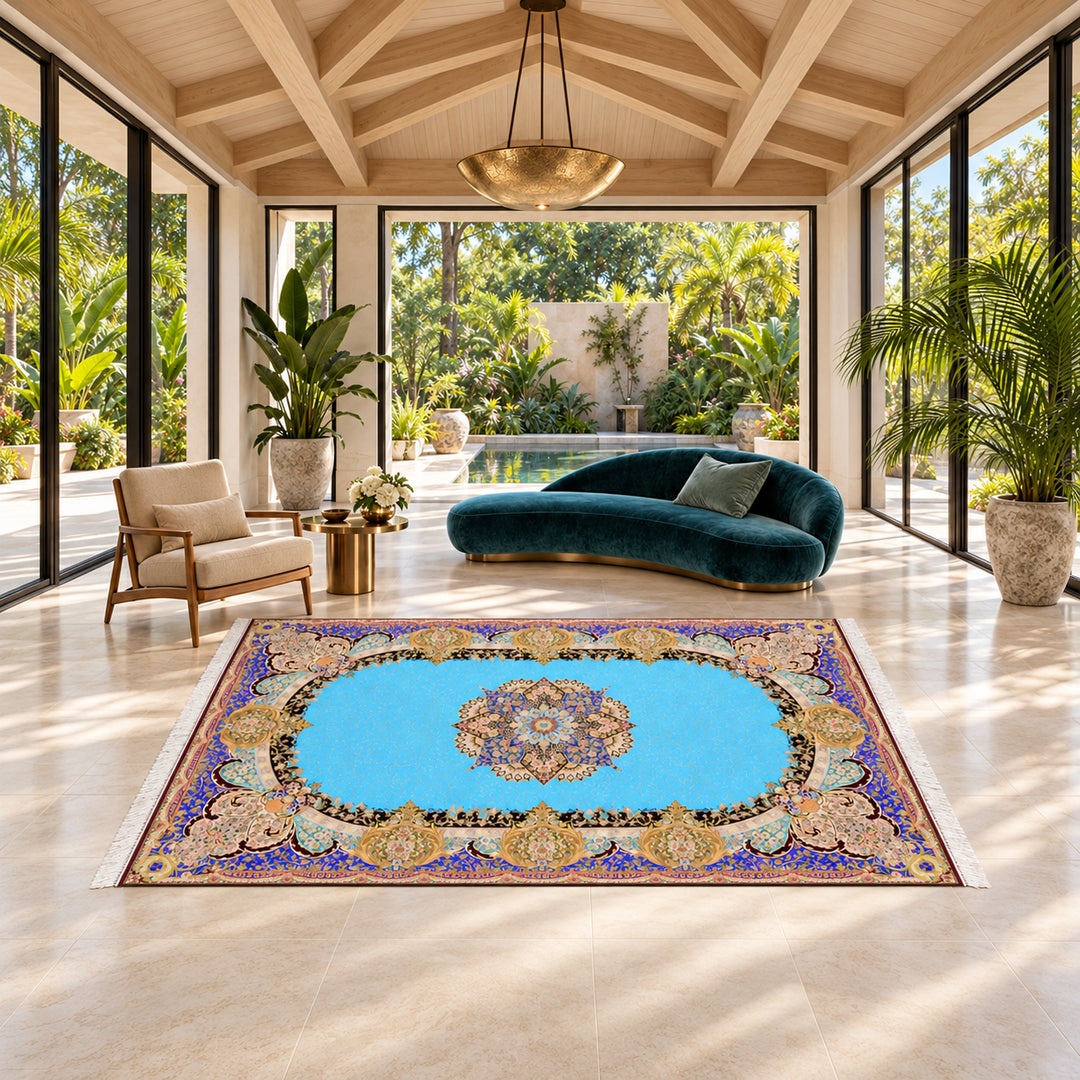 Silk Rug - Fariba: AI-styled lifestyle view in a luxury residence; refer to the original product photo for exact pattern detail and color.