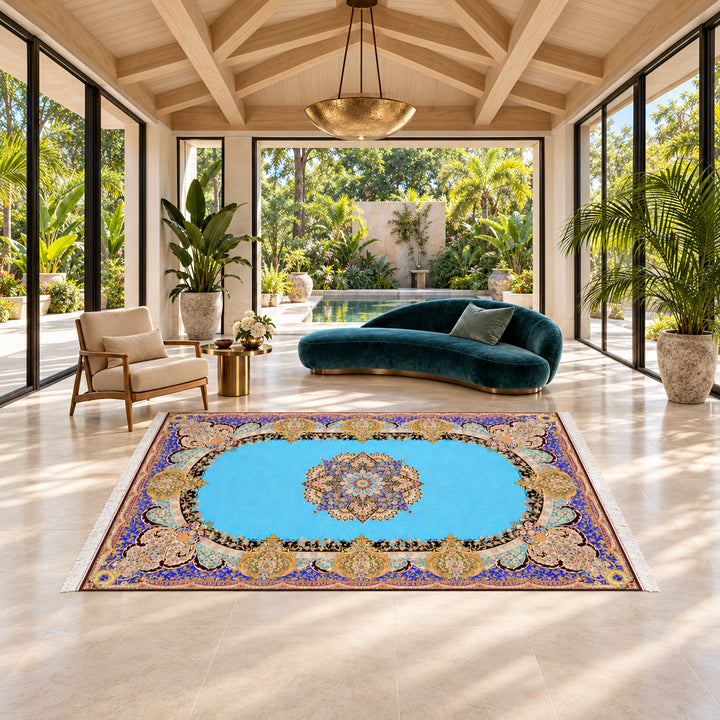 Silk Rug - Fariba: AI-styled lifestyle view in a luxury residence; refer to the original product photo for exact pattern detail and color.