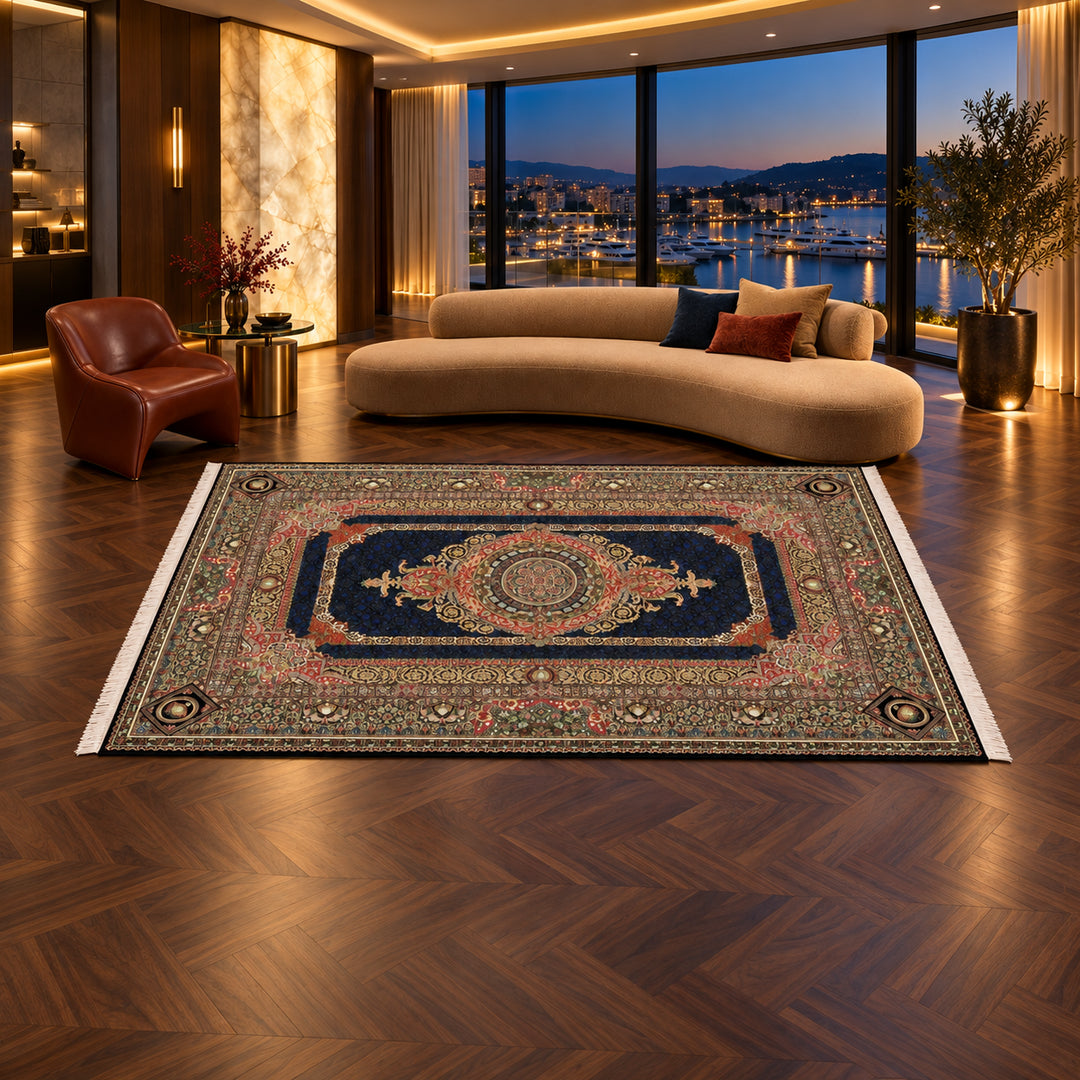Silk Rug - Imperial Crown: AI-styled lifestyle view in a luxury residence; refer to the original product photo for exact pattern detail and color.