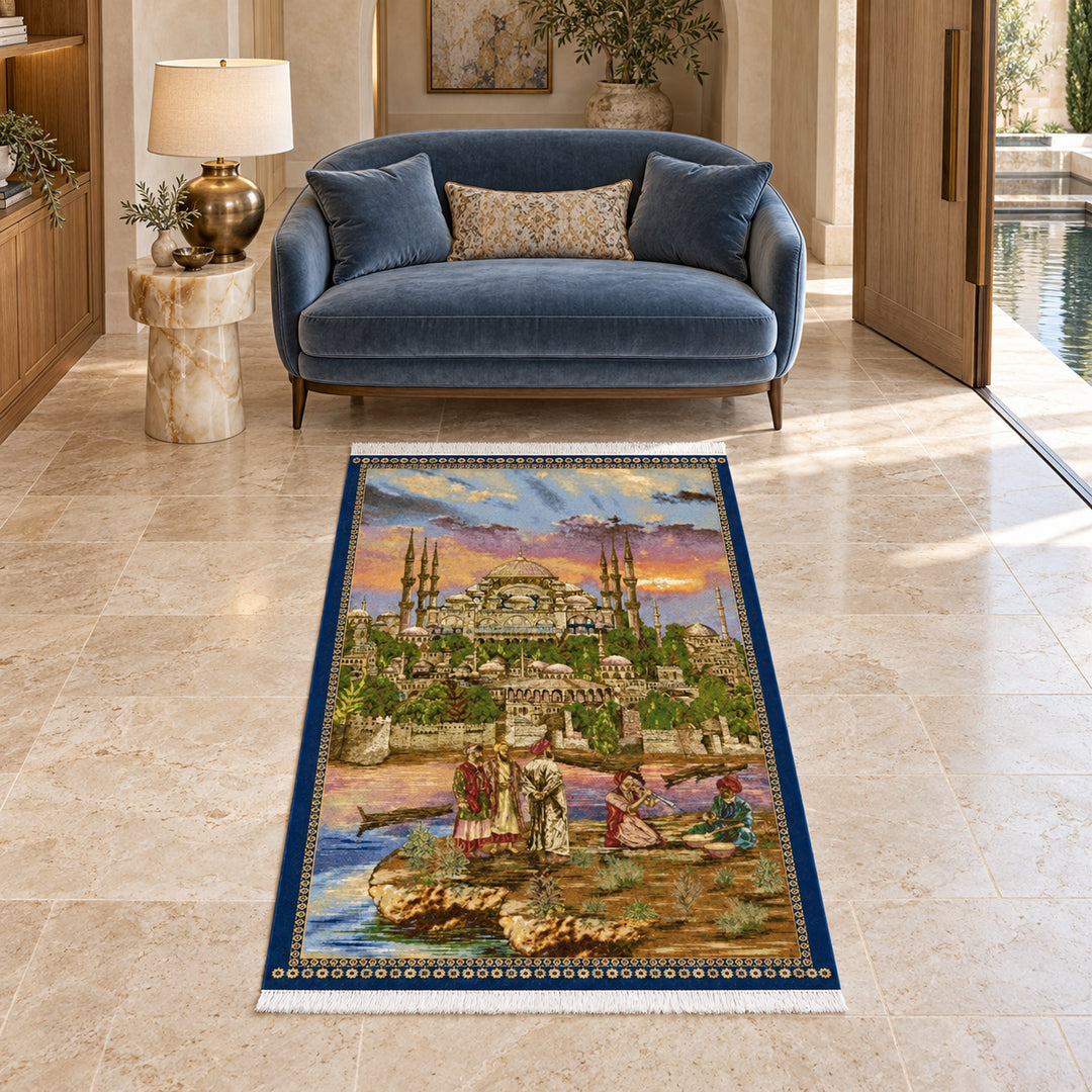 Silk Rug - Imperial Dome: AI-styled lifestyle view in a luxury residence; refer to the original product photo for exact pattern detail and color.