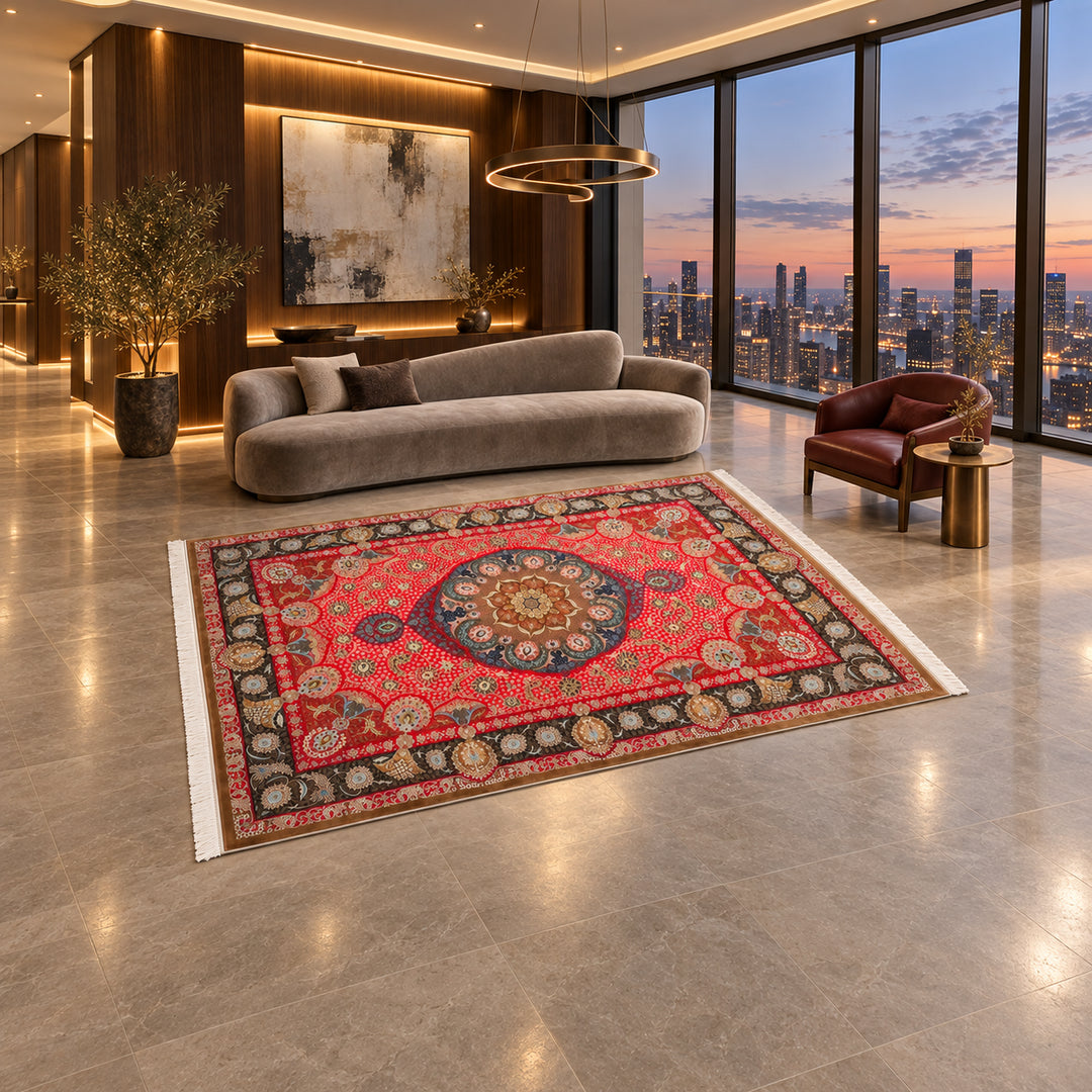 Silk Rug - Iron Emperor: AI-styled lifestyle view in a luxury residence; refer to the original product photo for exact pattern detail and color.