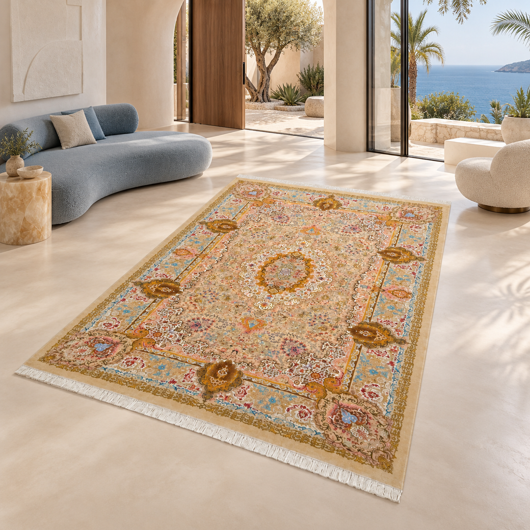 Silk Rug - Ivory Crown: AI-styled lifestyle view in a luxury residence; refer to the original product photo for exact pattern detail and color.