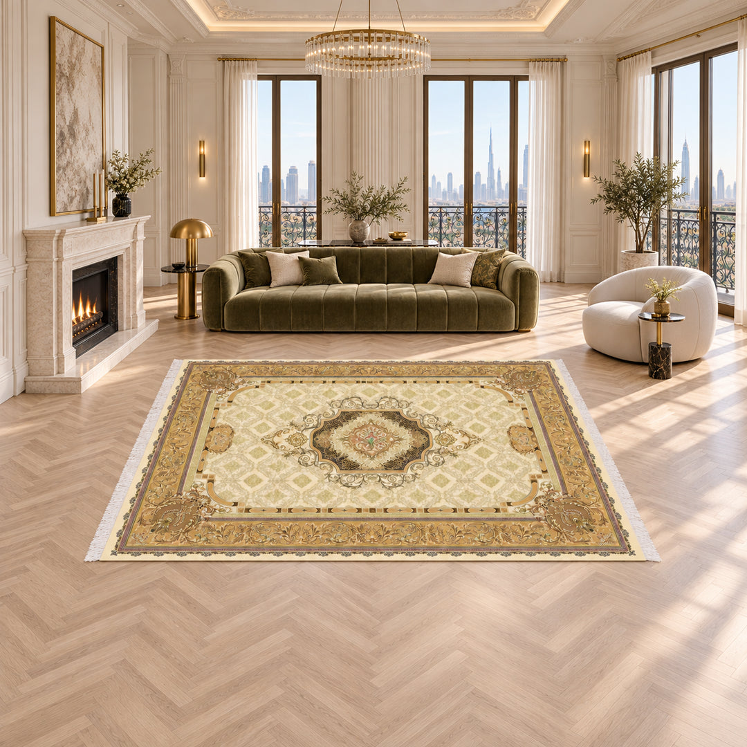 Silk Rug - Nansi: AI-styled lifestyle view in a luxury residence; refer to the original product photo for exact pattern detail and color.