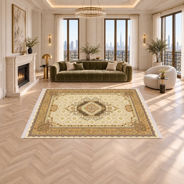 Silk Rug - Nansi: AI-styled lifestyle view in a luxury residence; refer to the original product photo for exact pattern detail and color.