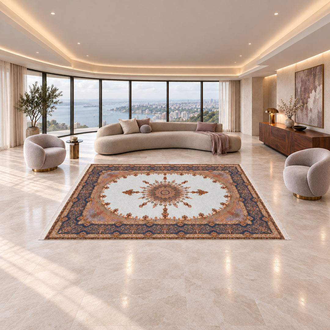 Silk Rug - Petal Flow: AI-styled lifestyle view in a luxury residence; refer to the original product photo for exact pattern detail and color.
