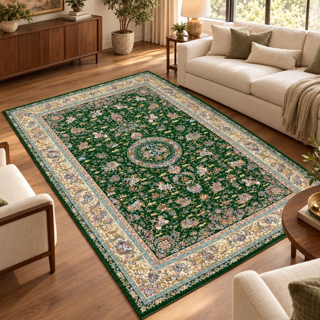AI-styled interior illustration of Royal Hunt - Dark Green - 300 x 200 cm. Refer to the original product photograph for exact design and colour.