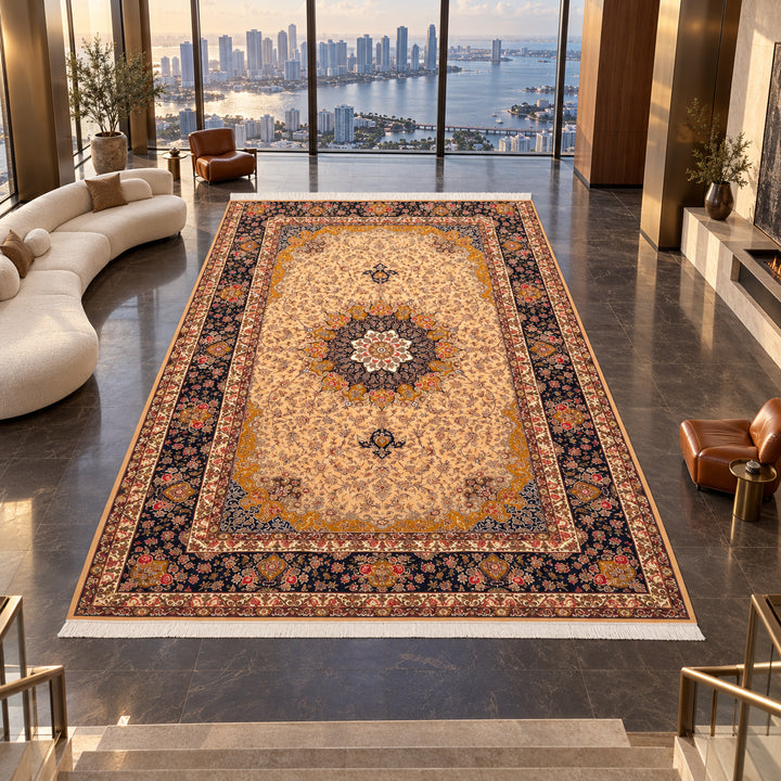 Silk Rug - Royal Medallion: AI-styled lifestyle view in a luxury residence; refer to the original product photo for exact pattern detail and color.
