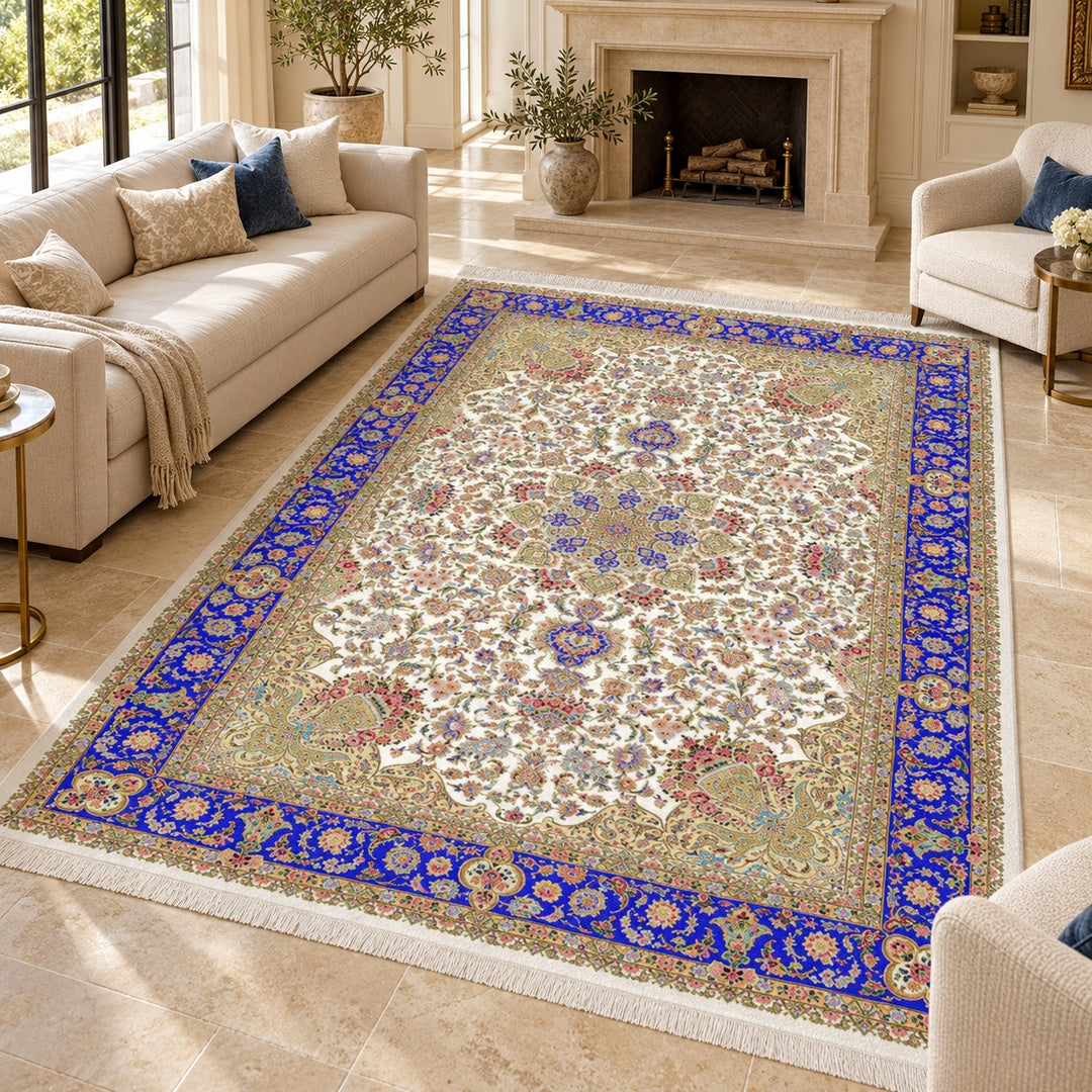 AI-styled interior illustration of Royal Medallion - Persian Blue - 350 x 250 cm. Refer to the original product photograph for exact design and colour.