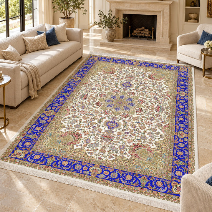 AI-styled interior illustration of Royal Medallion - Persian Blue - 350 x 250 cm. Refer to the original product photograph for exact design and colour.