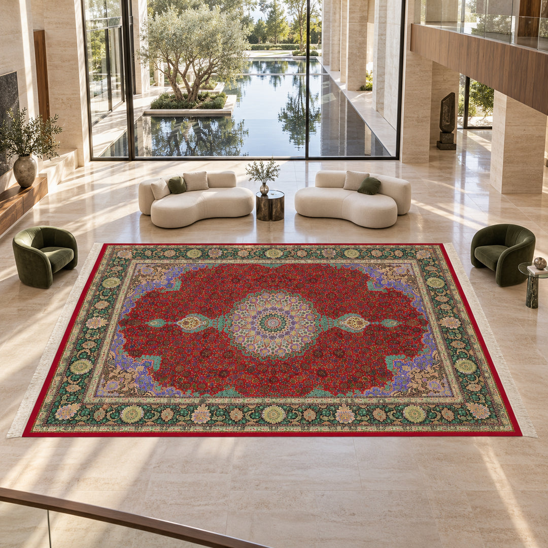 Silk Rug - Sadegh Nejad: AI-styled lifestyle view in a luxury residence; refer to the original product photo for exact pattern detail and color.