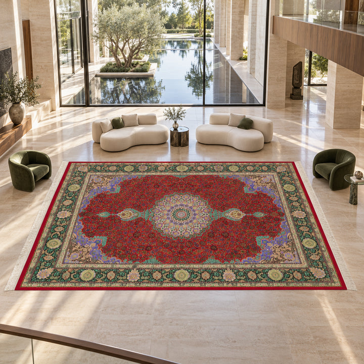 Silk Rug - Sadegh Nejad: AI-styled lifestyle view in a luxury residence; refer to the original product photo for exact pattern detail and color.