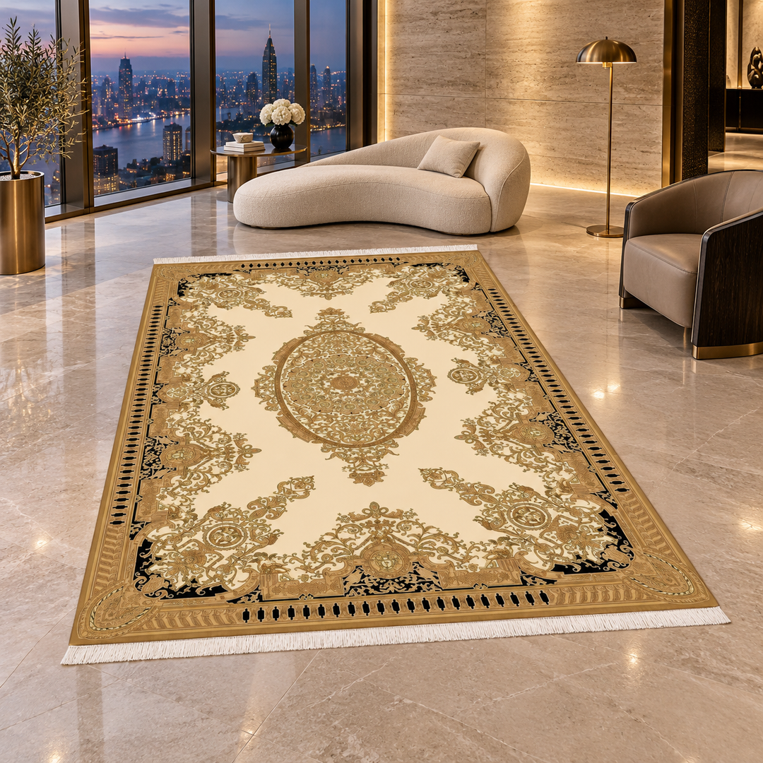 Silk Rug - Seraph: AI-styled lifestyle view in a luxury residence; refer to the original product photo for exact pattern detail and color.