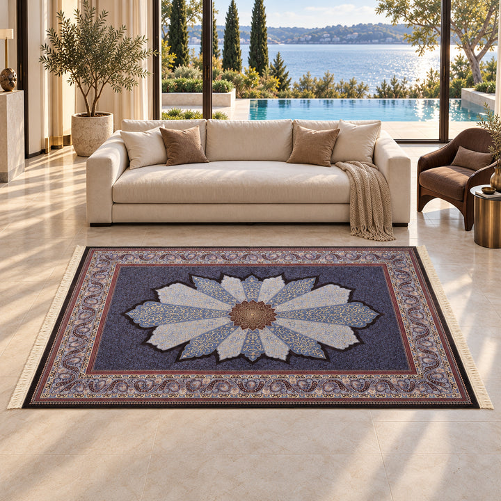 AI-styled lifestyle visualization of Shayna Persian Silk rug, 300 x 200 cm, in a luxury waterfront villa with its long edge parallel to the sofa; refer to original product photograph for exact detail.