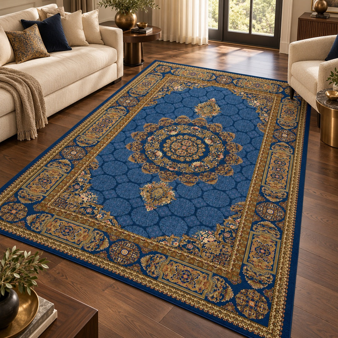AI-styled interior illustration of Silent Axis - Navy Blue - 300 x 200 cm. Refer to the original product photograph for exact design and colour.