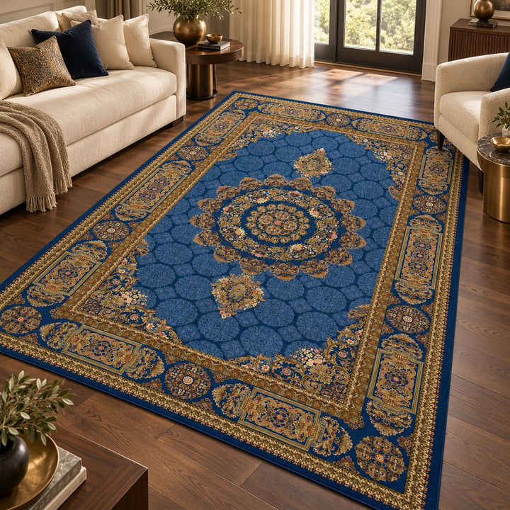 AI-styled interior illustration of Silent Axis - Navy Blue - 300 x 200 cm. Refer to the original product photograph for exact design and colour.
